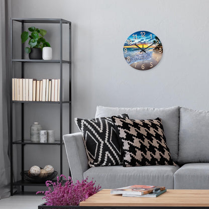 Beach Wall Clock Battery Operated 12 Inch Glass Wall Clock Non Ticking Analog Blue Wall Clocks for Bedroom Living Room Office Decor