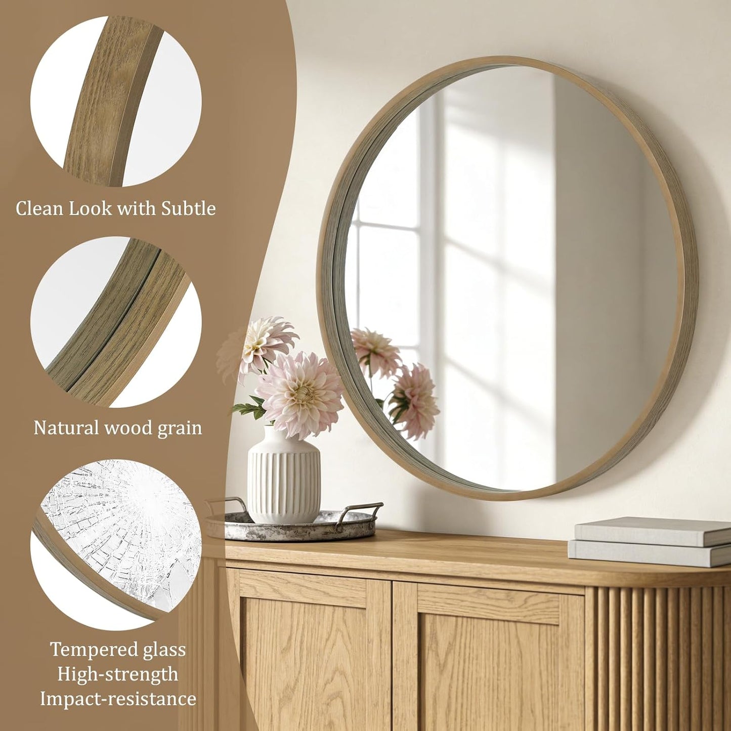 WallBeyond Wood Round Mirror with Wood Frame 24 inch Circle Wall Mirror for Bathroom Round Wall Mirror for Wall Decor, Vanity, Entryway Living Room (Walnut)