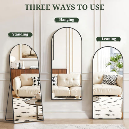 Mirror Full Length 64"x21" Full Body Floor Mirror with Stand, Shatterproof Glass, Aluminum Alloy Frame, Free Standing Wall Mounted or Leaning Arched Mirrors for Bedroom Living Room Entryway