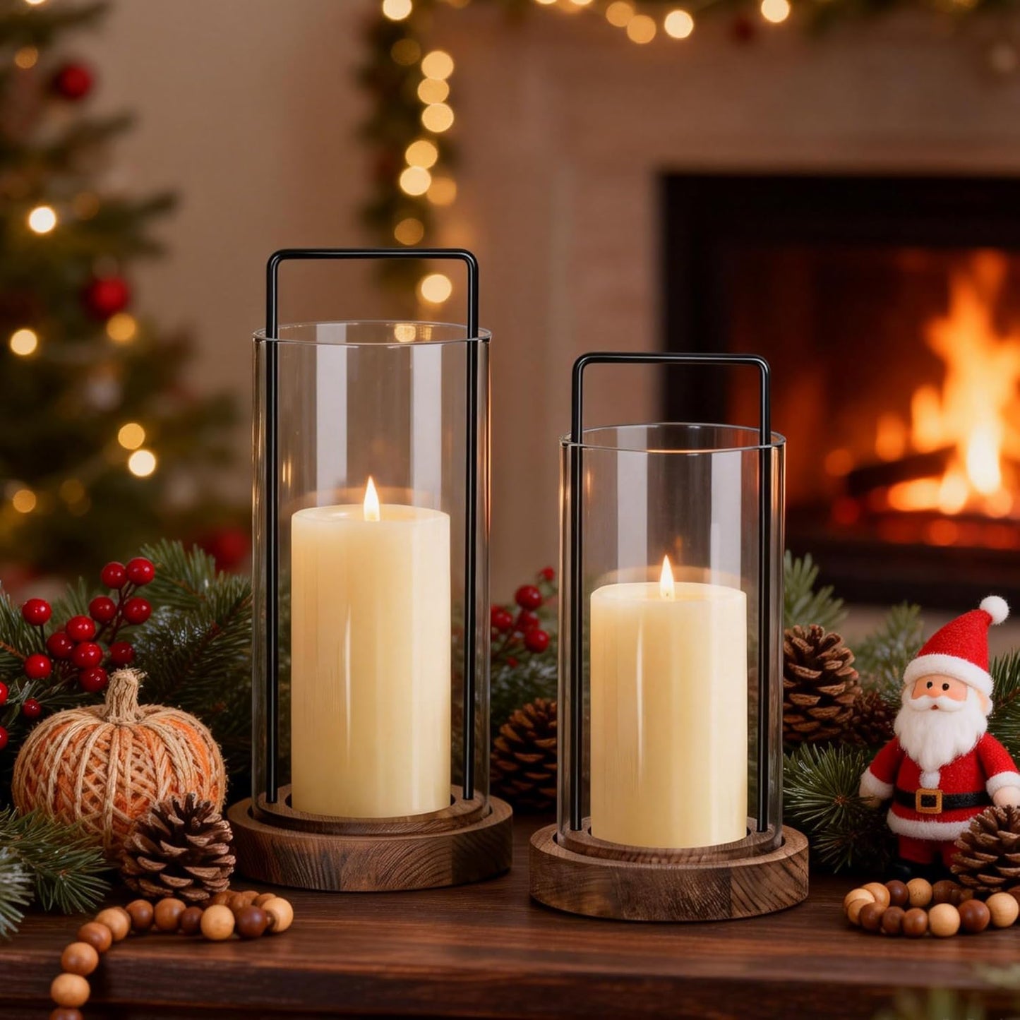 Houmury Set of 2 Hurricane Candle Holders Lantern 12” & 10”with Wood Base Metal Handle Glass Cylinder Modern Farmhouse Decor for Home Decoration, Table Centerpieces (Warm Amber Brown)