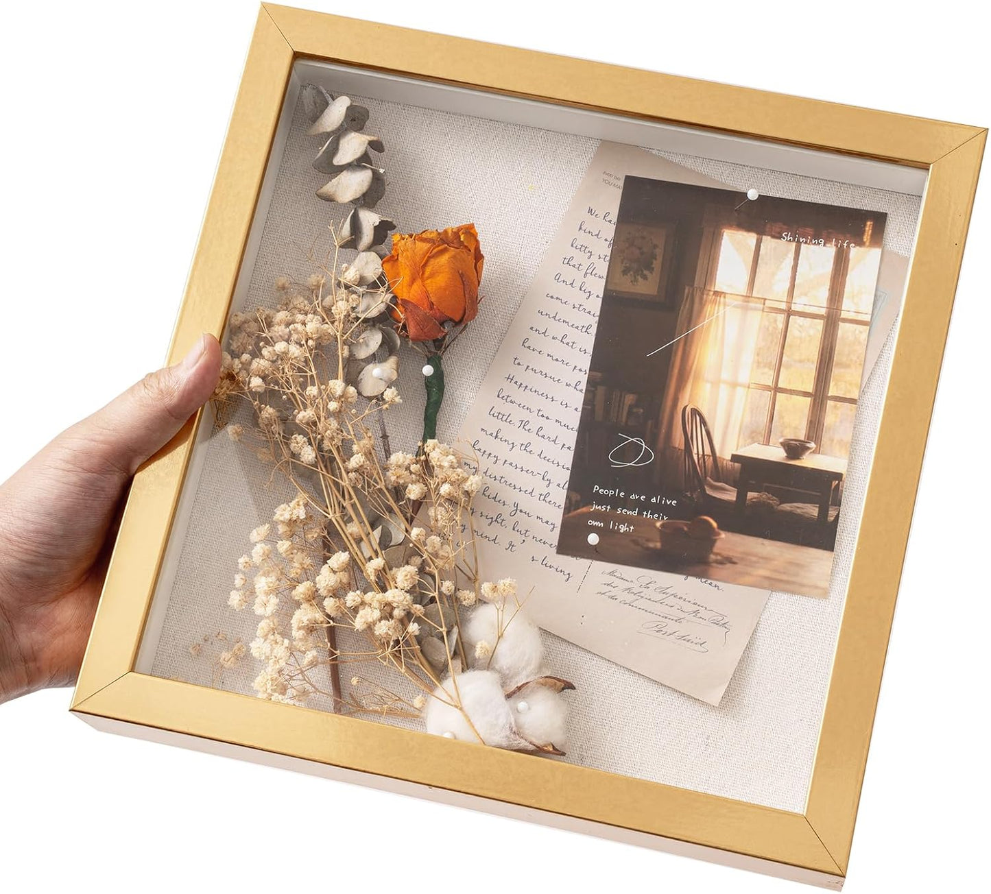 Muzilife 8x8 Shadow Box Picture Frame with Linen Board - Deep Wood & Glass Display Case Ready to Hang Memory Box Baby Sports Memorabilia, Pins, Awards, Medals, Wedding, Tickets and Photos (Black)