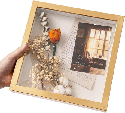 Muzilife 8x8 Shadow Box Picture Frame with Linen Board - Deep Wood & Glass Display Case Ready to Hang Memory Box Baby Sports Memorabilia, Pins, Awards, Medals, Wedding, Tickets and Photos (Black)