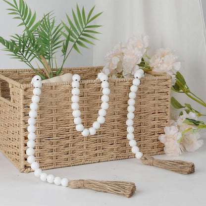Wood Bead Garland 58 Inch Nature Wooden Beads for Boho Farmhouse Table Home Decor with Tassel, Wooden Prayer Bead, Rustic Country Boho Wall Hanging Decor for Kitchen Modern Living Room Tray Vase Shelf