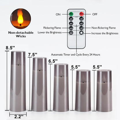Amagic Pure White Flameless Candles, Battery Operated Candles, Acrylic Flickering LED Pillar Candles with Remote Control and Timer, 3D Wick, Yellow and Blue Glow, D2.2 xH5 5" 6" 7" 8", Set of 5