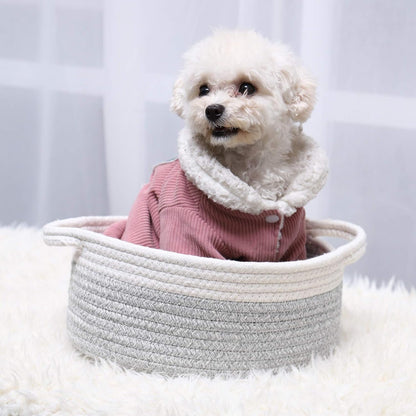 ABenkle Small Basket with Handles, Boho Decorative Rope Woven Dog Cat Toy Storage Bin Shelf Storage Organizer, Easter Christmas Gift Basket, 12"x8"x5", White