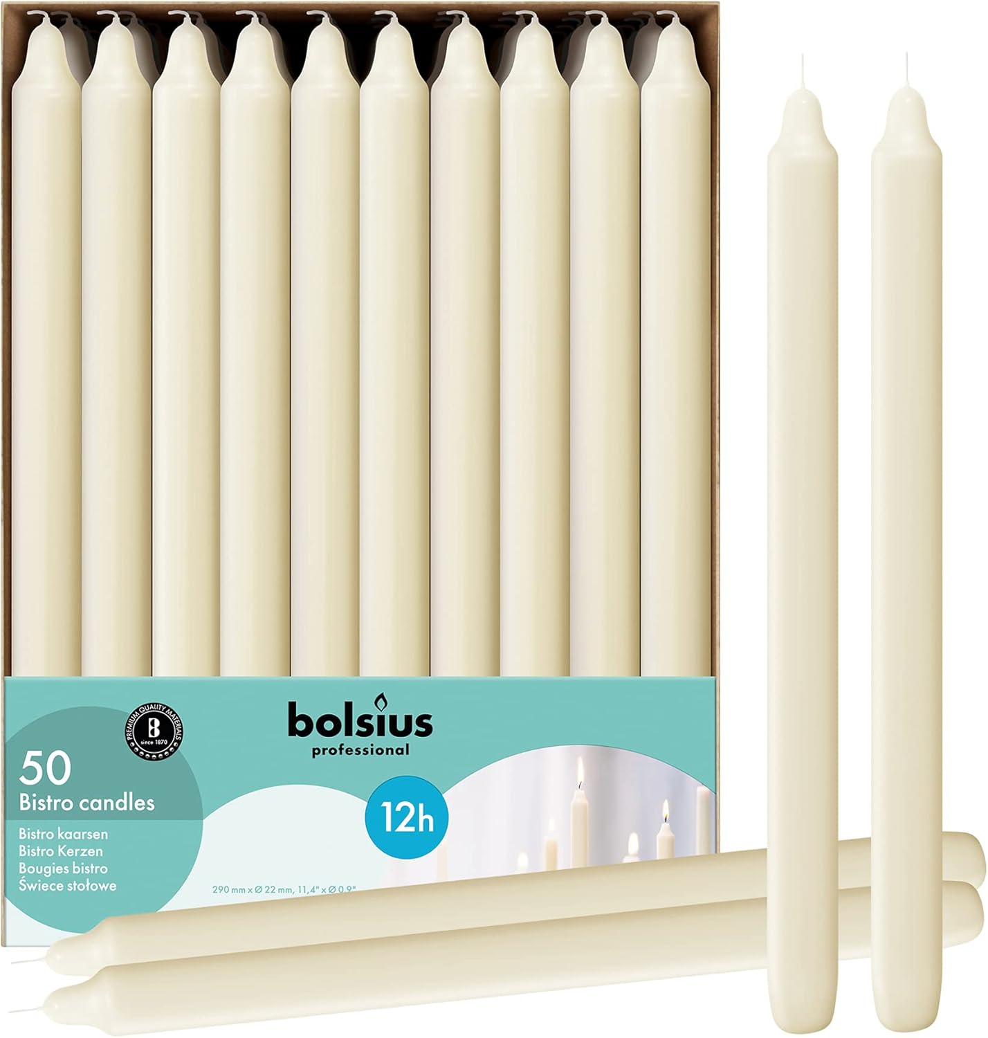 BOLSIUS Ivory Candlesticks Bulk Pack 50 Count - Unscented Dripless 11.5 Inch Household & Dinner Candle Set - 12+ Hours - Premium European Quality - Consistent Smokeless Flame - 100% Cotton Wick