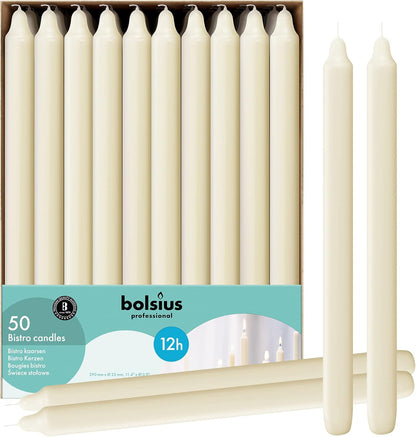 BOLSIUS Ivory Candlesticks Bulk Pack 50 Count - Unscented Dripless 11.5 Inch Household & Dinner Candle Set - 12+ Hours - Premium European Quality - Consistent Smokeless Flame - 100% Cotton Wick
