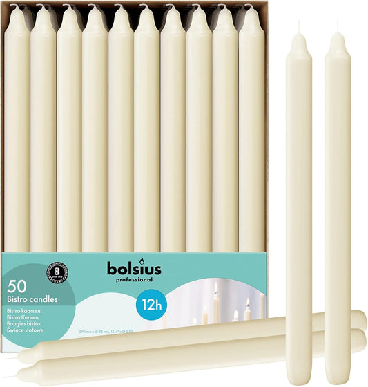BOLSIUS Ivory Candlesticks Bulk Pack 50 Count - Unscented Dripless 11.5 Inch Household & Dinner Candle Set - 12+ Hours - Premium European Quality - Consistent Smokeless Flame - 100% Cotton Wick