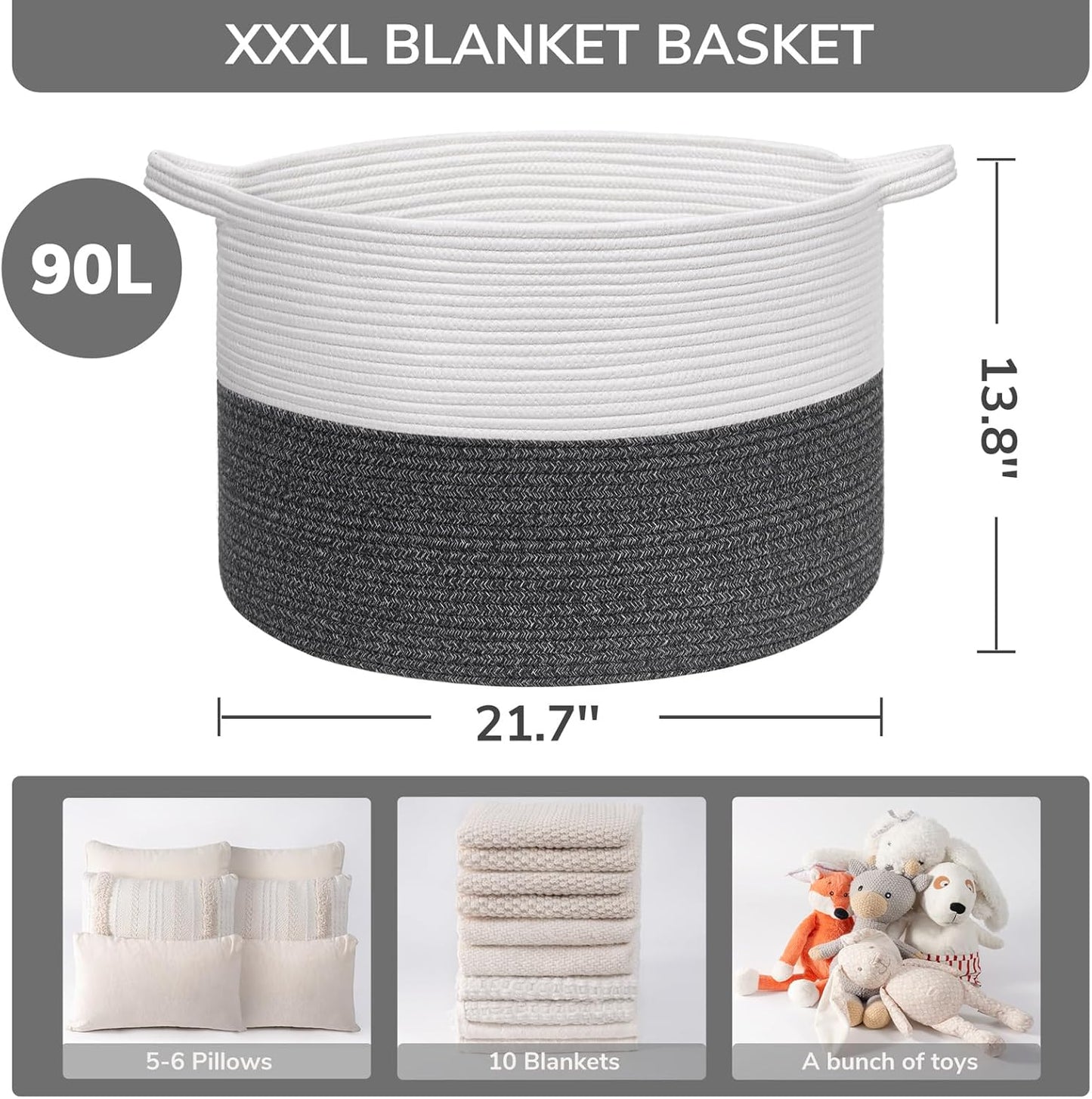 INDRESSME XXXLarge Blanket Basket for Living Room 21.7" x 21.7" x 13.8"-Storage Basket with Handle for Organizing Toy Pillows Woven Cotton Rope Laundry Basket Stuffed Animal Toy Storage for Play Room