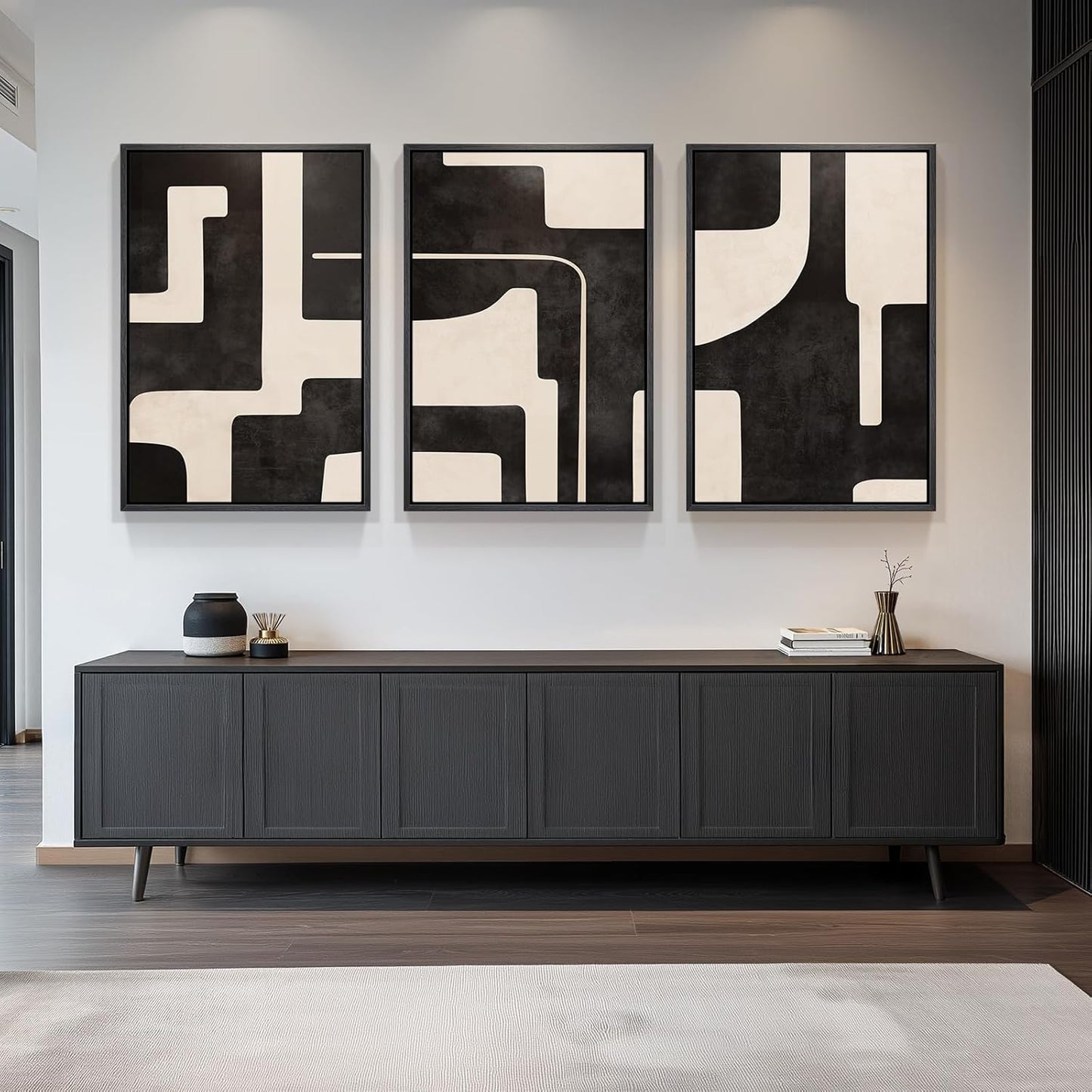 Large Framed Black and White Abstract Wall Art for Living Room, 3 Piece Big Modern Canvas Prints Paintings Artwork for Walls, Minimalist Abstract Art Pictures for Hallway, Office Wall Decor 24x36 In