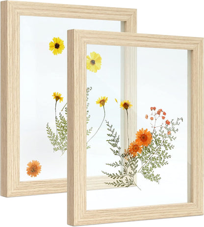Sonefreiy Floating Picture Frames 8x10 Set of 2, Wooden Photo Frame Double Glass Pressed Flower Frames 5x7 Wall and Tabletop Display Mothers Day Gift for Family Friends Wedding