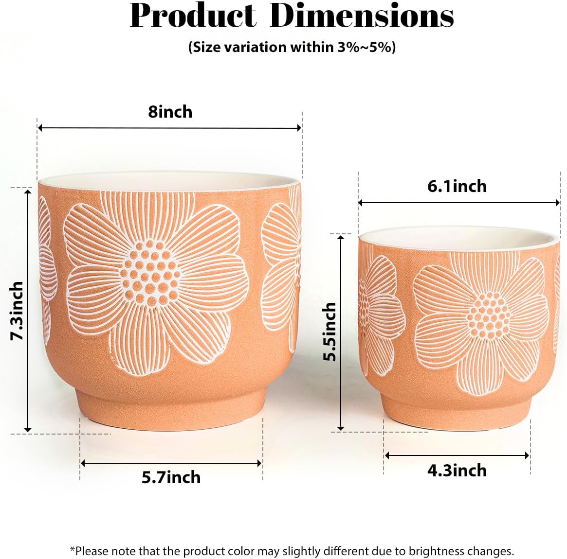 YBX 8 Inch + 6 Inch Ceramic Plant Pots, Succulent Flower Pots with Drainage Holes, Terracotta Planters for Indoor Plants, White&Terracotta (Garden)