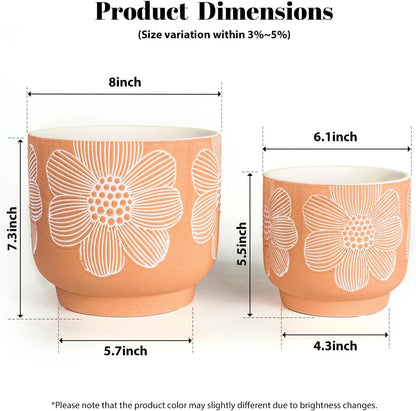 YBX 8 Inch + 6 Inch Ceramic Plant Pots, Succulent Flower Pots with Drainage Holes, Terracotta Planters for Indoor Plants, White&Terracotta (Garden)