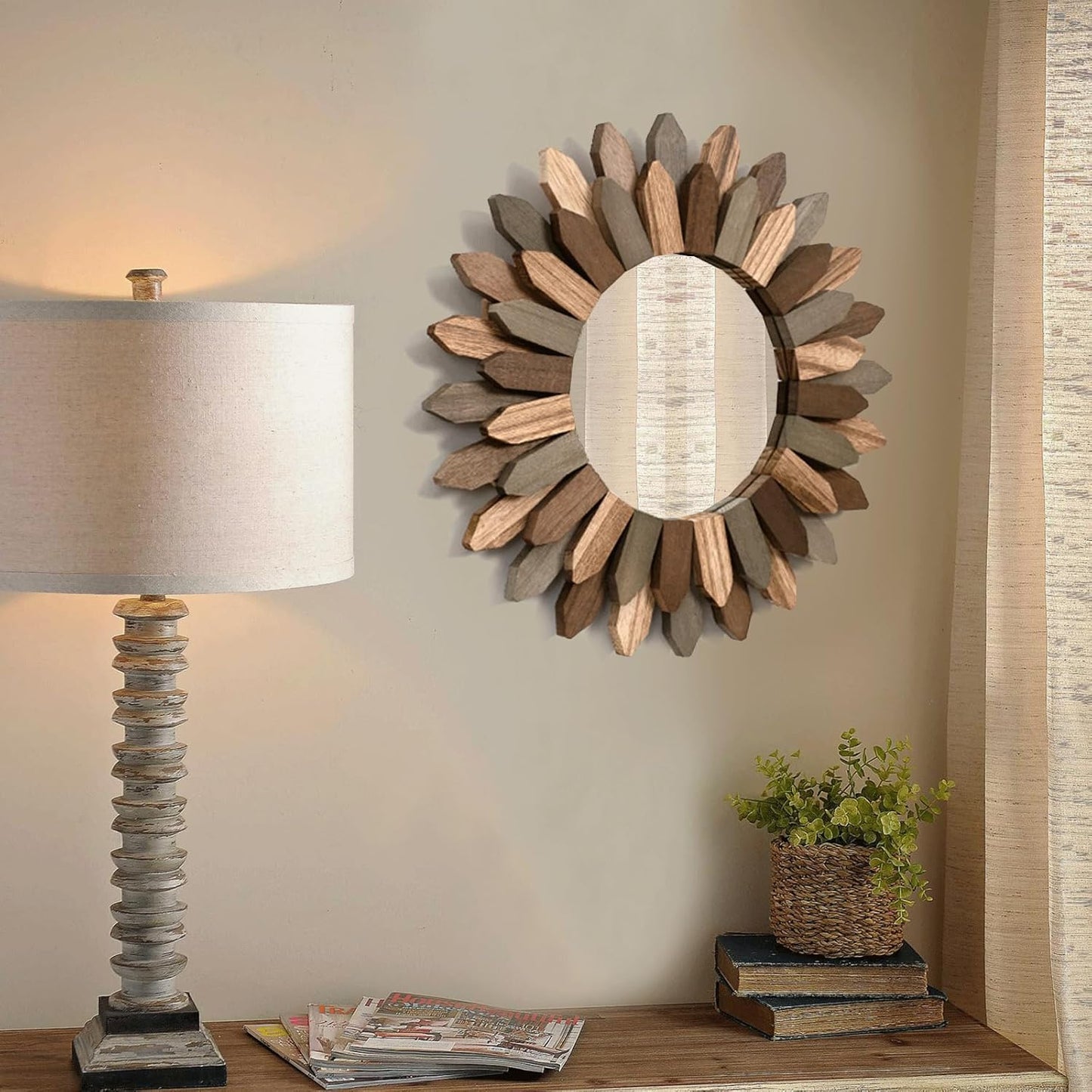 Honiway Wall Mirror Decorative 12 inch Rustic Wood Mirror Sunburst Boho Mirror for Entryway Bedroom Living Room Bathroom House Warming Gifts New Home Essential Carbonized Black
