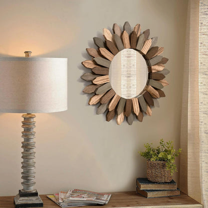 Honiway Wall Mirror Decorative 12 inch Rustic Wood Mirror Sunburst Boho Mirror for Entryway Bedroom Living Room Bathroom House Warming Gifts New Home Essential Carbonized Black