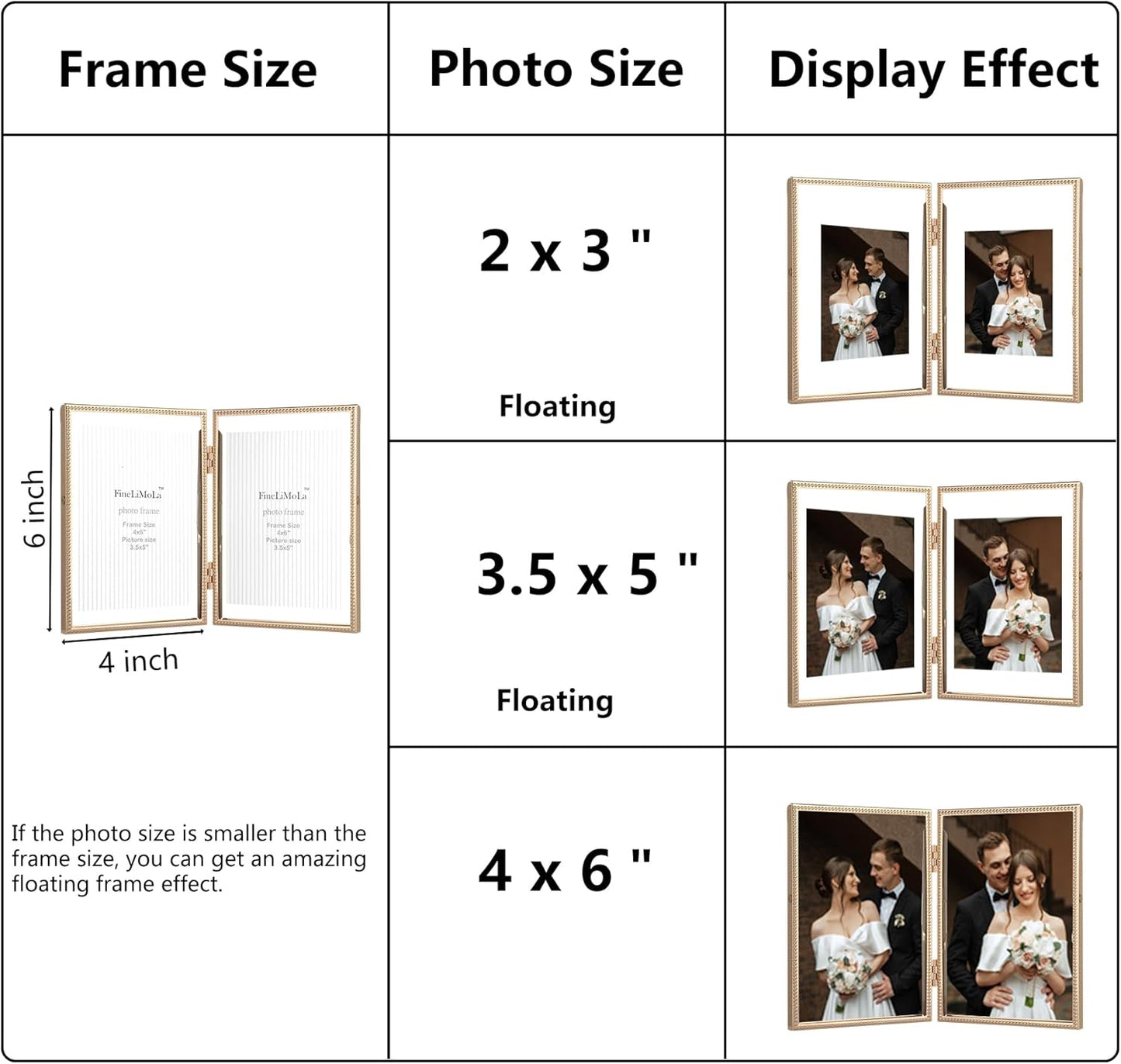 Gold 6x8'' Floating Photo Frame 2 Pack, Beaded Metal Frame Fits 3.5x5'', 4x6'' & 5x7'' Pictures, Adjustable Tabletop & Shelf Display, Elegant Wedding Gift for Home Decor