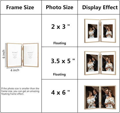 Gold 6x8'' Floating Photo Frame 2 Pack, Beaded Metal Frame Fits 3.5x5'', 4x6'' & 5x7'' Pictures, Adjustable Tabletop & Shelf Display, Elegant Wedding Gift for Home Decor