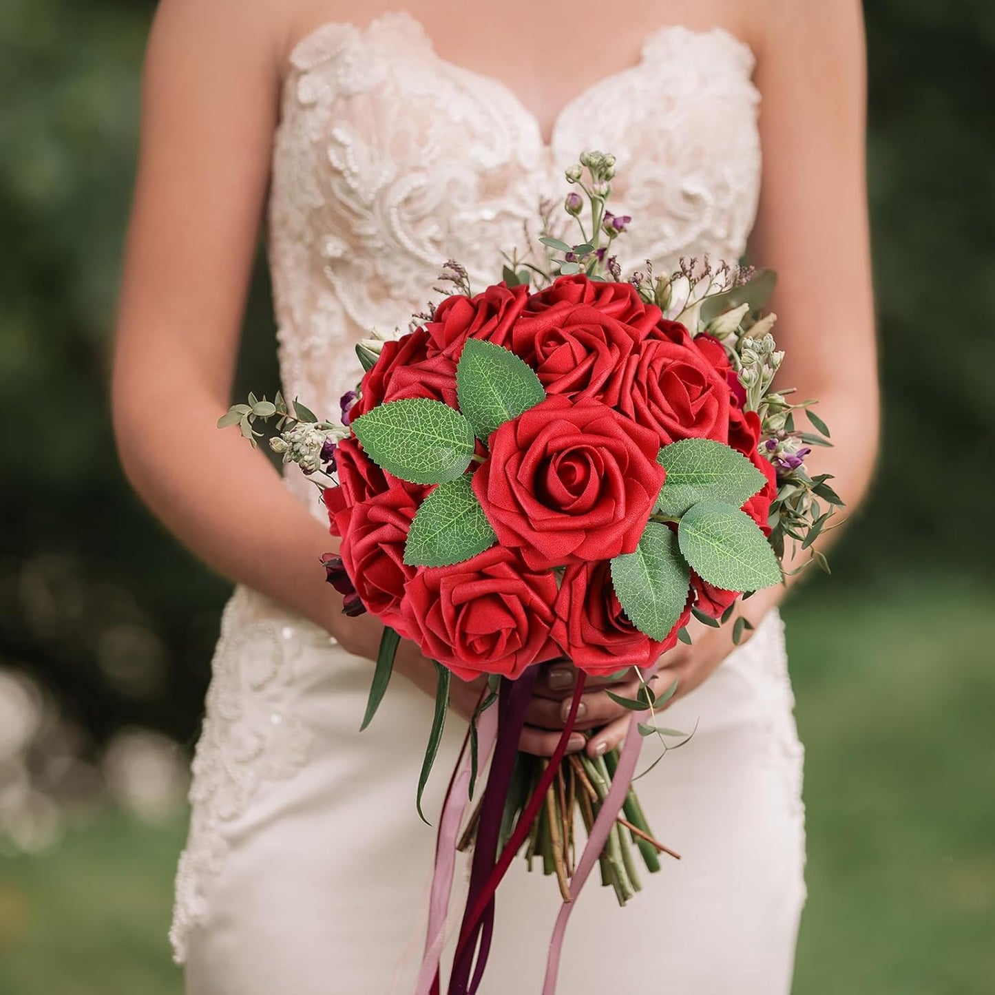 AmyHomie Artificial Flowers Dark Red Rose 25pcs Real Looking Fake Roses w/Stem for DIY Wedding Bouquets Centerpieces Arrangements Party Baby Shower Mothers Day Christmas Tree Decorations