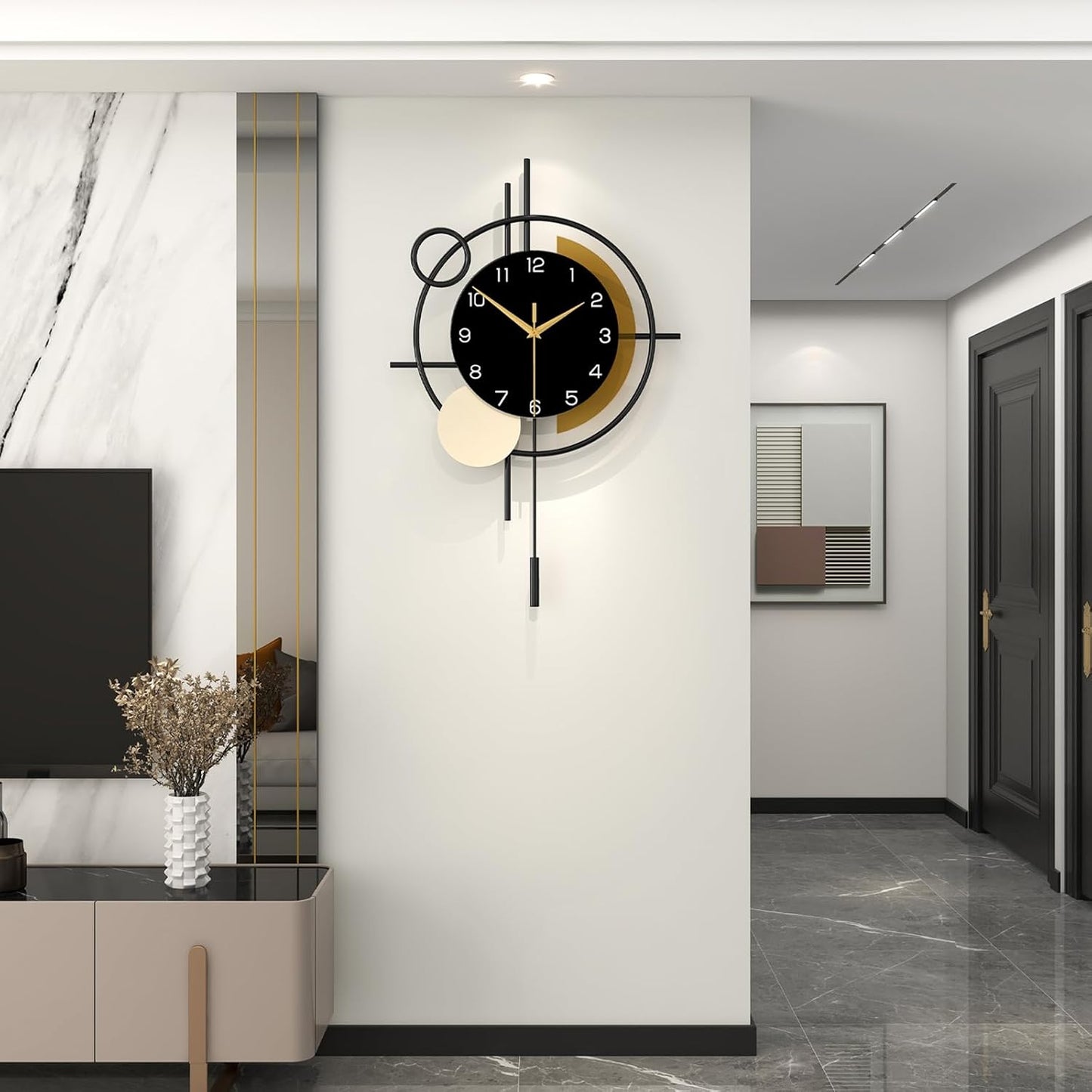 Wall Clock for Living Room Decor Decorative Wall Clock with Pendulum Silent Quartz Battery Operated Black Metal Large Clock for Dining Room,Kitchen,Home,Bathroom,Bedroom,13.8x21.3 in