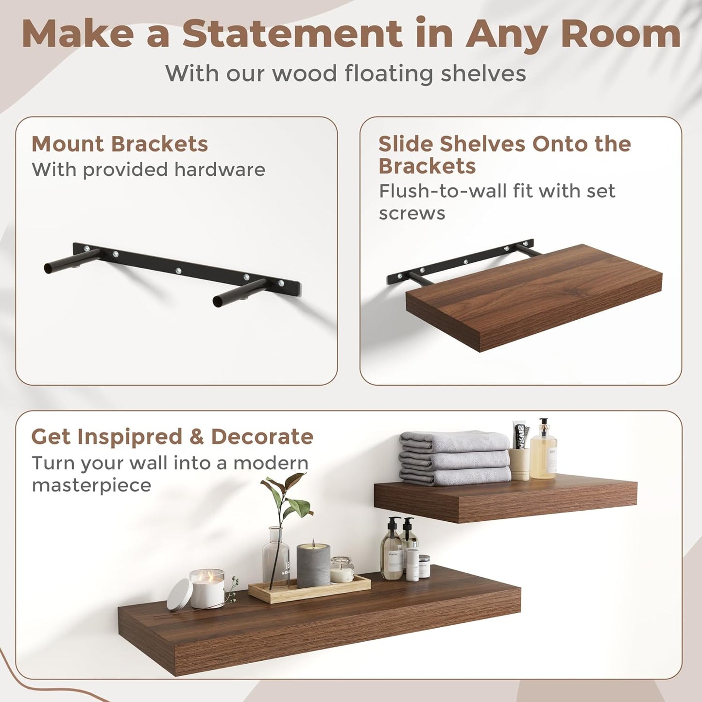 72 Inch Long Floating Shelves for Wall Set of 2, 12"D Wood Grain Bathroom Shelves with Invisible Brackets, Easy Install Engineered Wood Storage Shelves for Kitchen, Living Room, Bedroom, Black Finish