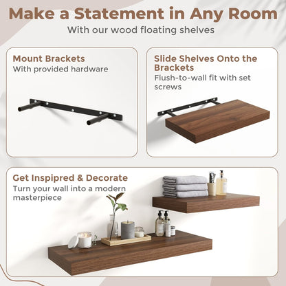 72 Inch Long Floating Shelves for Wall Set of 2, 12"D Wood Grain Bathroom Shelves with Invisible Brackets, Easy Install Engineered Wood Storage Shelves for Kitchen, Living Room, Bedroom, Black Finish