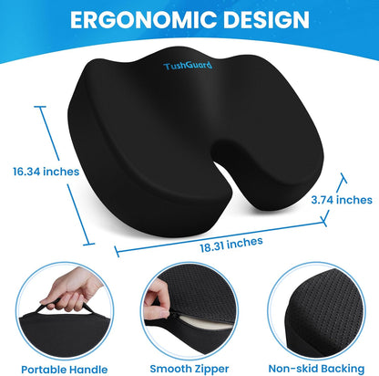 TushGuard Seat Cushion for Office Chair Memory Foam Non-Slip Cushion Back, Relief Chair Pad, Butt Pillow for Office Chair, Car, Computer Desk, Black