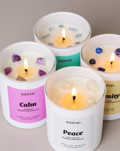 AOOVOO Calm Candles Set for Women - 4 Pack Candles for Home Scented, 28 oz 200 Hour Burn, Aromatherapy Candle with Crystals, Lavender Calm/Jasmine Serenity/Water Lily Pear Harmony/Patchouli Balance