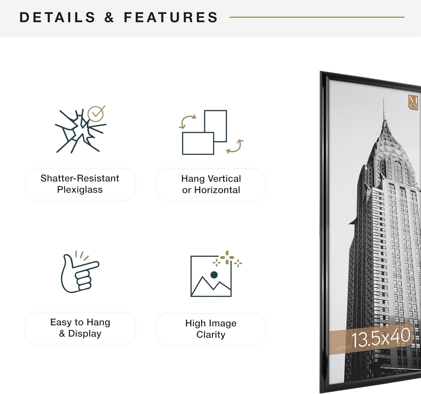 MCS Trendsetter 24x36 Poster Frame Black High-Gloss, Vertical & Horizontal Wall Hanging Large Picture Frame for Photos, Posters & Art Prints (1-Pack)