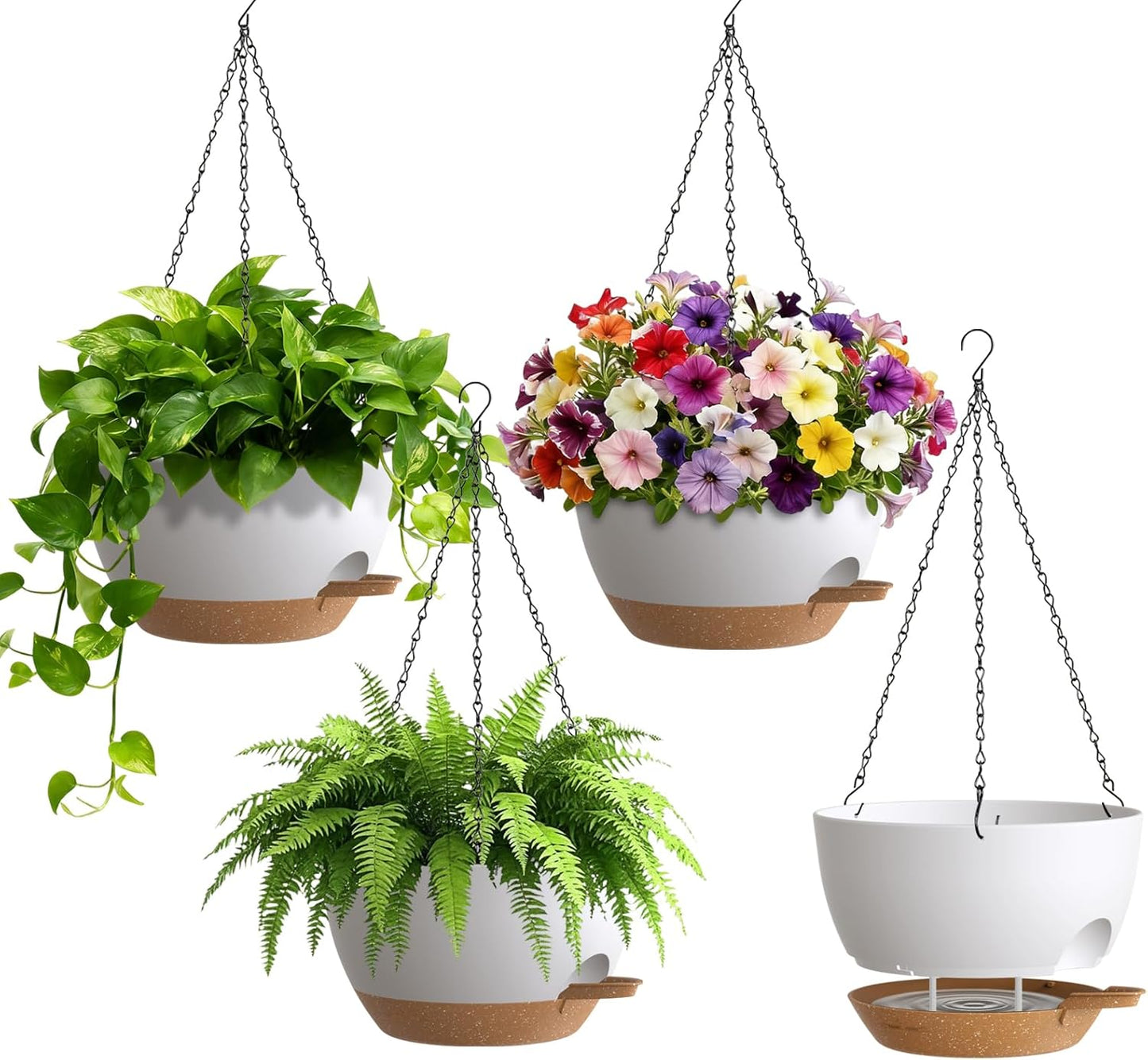 UOUZ Set of 3-10 Inch Self Watering Hanging Planters for Indoor Outdoor，Hanging Plant Pots with Drainage & Removable Tray, Hanging Pots Holder for Ivy, Pothos, Ferns, Balcony & Patio, Black with Brown