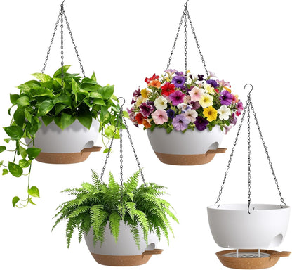 UOUZ Set of 3-10 Inch Self Watering Hanging Planters for Indoor Outdoor，Hanging Plant Pots with Drainage & Removable Tray, Hanging Pots Holder for Ivy, Pothos, Ferns, Balcony & Patio, Black with Brown