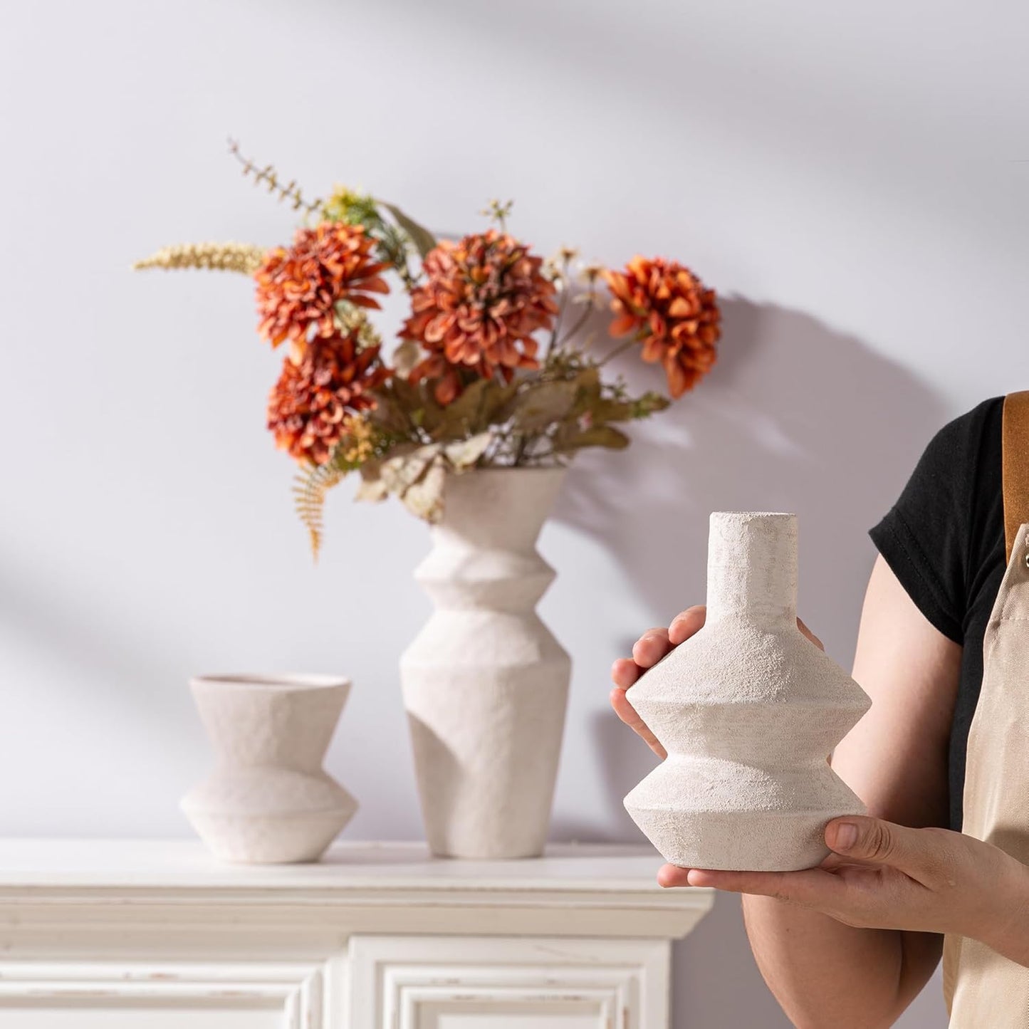 Ceramic Vase Home Table Decor - Flower Vase Set of 3 Living Room Kitchen Decorations Farmhouse Modern Rustic Vases Decorative Centerpiece for Shelf Bedroom Office Bathroom Dining Coffee Desk