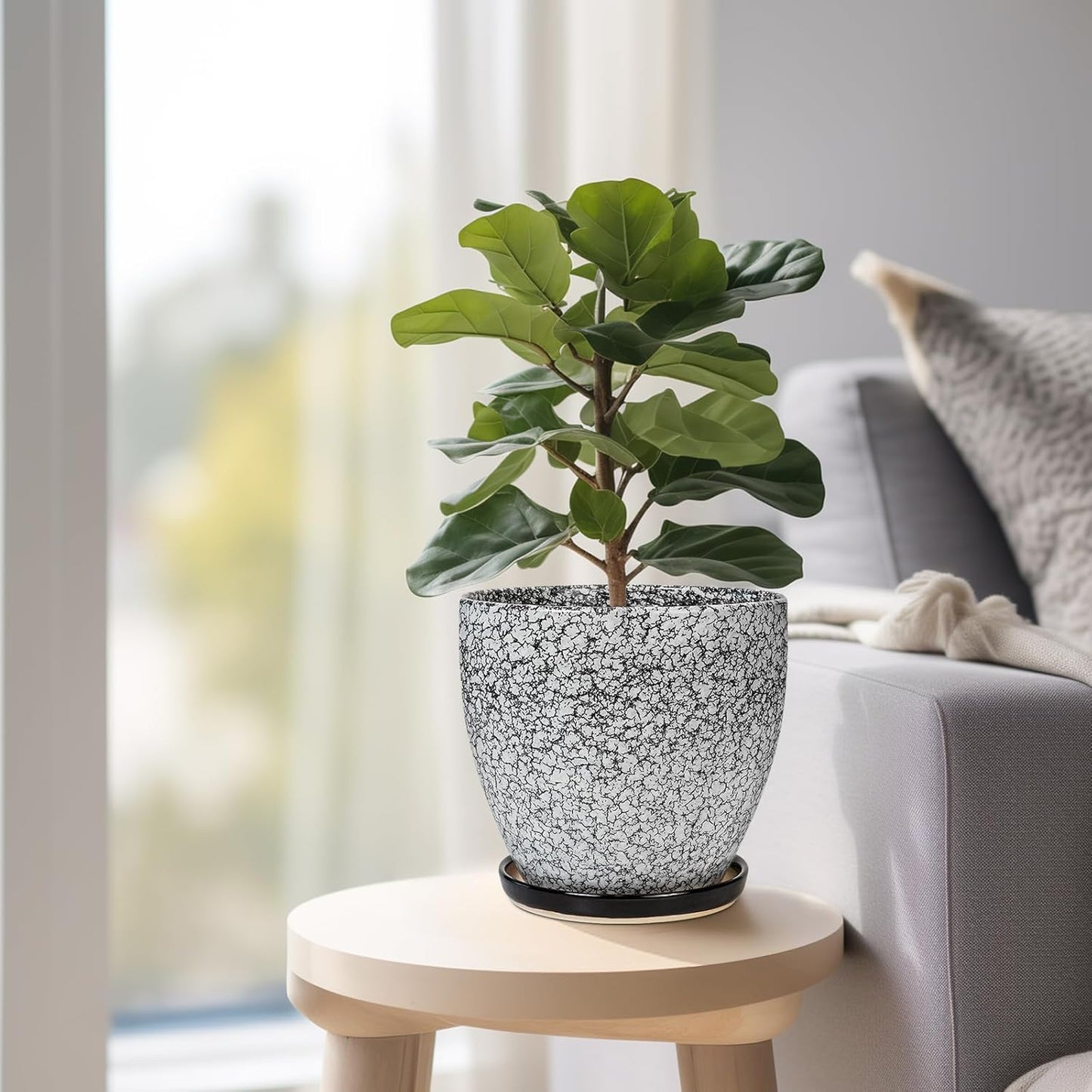 10 Inch Ceramic Planter Pot Round Plant Pot for Indoor Plants Outdoor Large Flower Pot with Drainage Hole and Saucer Blue