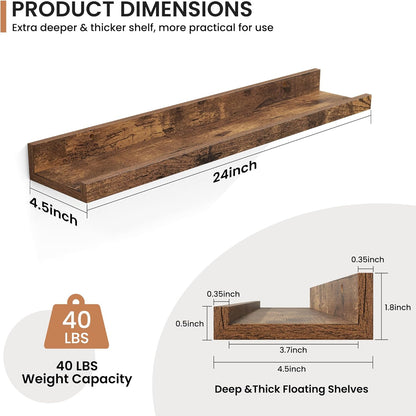 Fun Memories Picture Ledge Shelves Set of 2, 32 Inch Rustic Wall Mounted Floating Shelves with Lip for Home Storage and Décor in Bathroom, Kitchen, Nursery, Bedroom, Living Room, Walnut