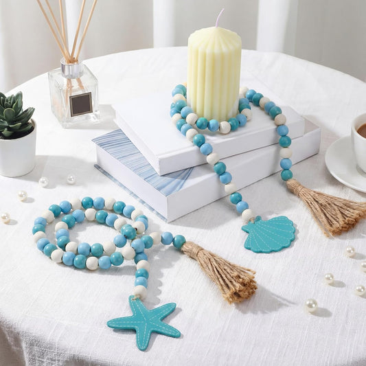 Janinka 2 Pcs Farmhouse Seashell Bead Garland with Tassels Decorative Beads Decor Nautical Farmhouse Tiered Tray Decorations Set Coastal Garland for Home and Kitchen, Wooden Beads(White)
