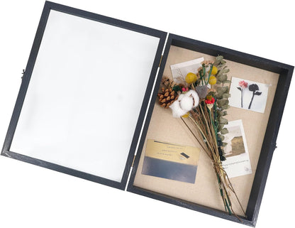 GraduatePro Shadow Box Frame 11x14 Display Case with Linen Back, Real Glass Window Door with Hinge, Picture Frame Wedding Bouquet Memorabilia Medals Photos Memory Box for Keepsakes, Carbonized Black