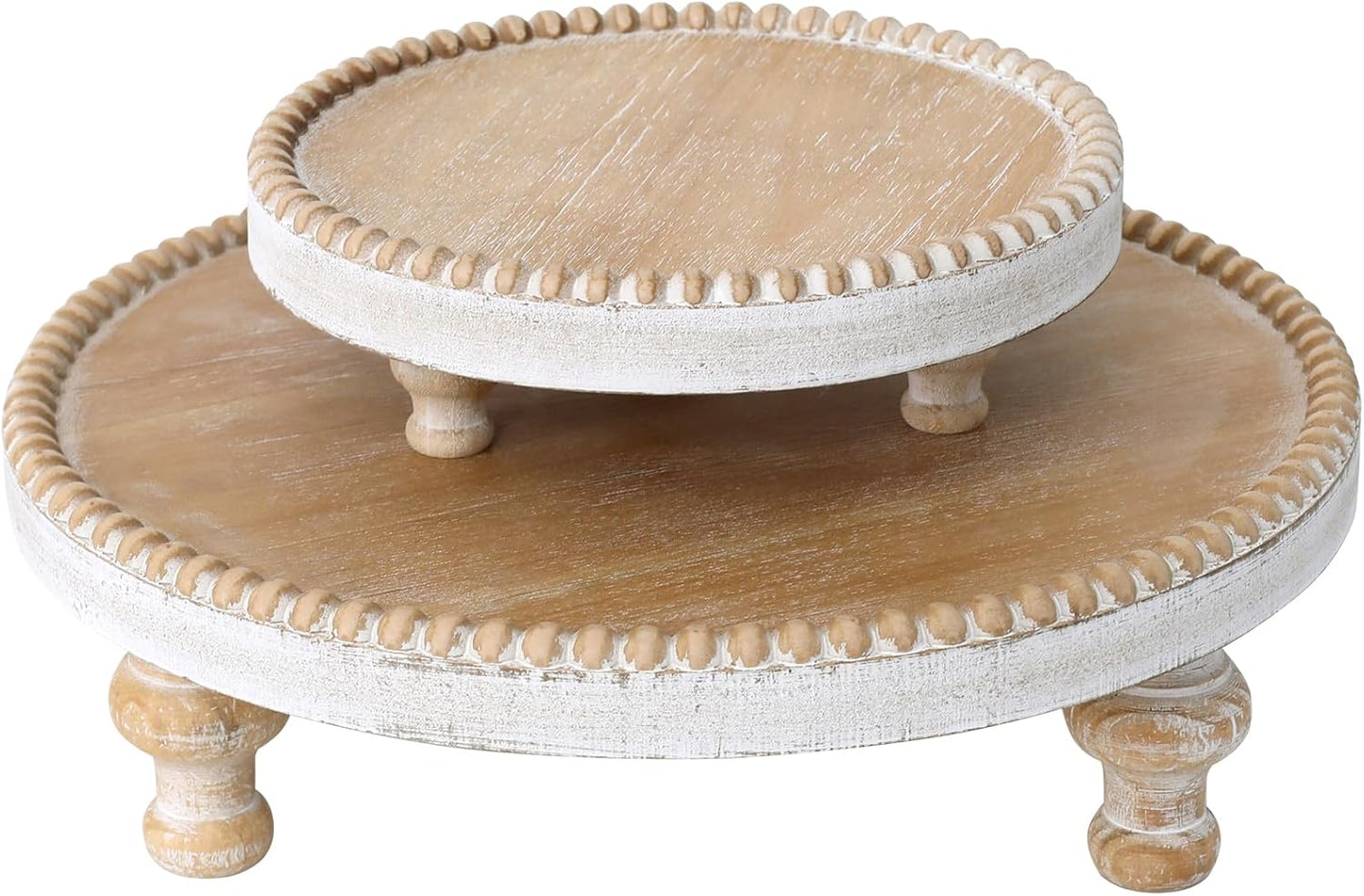 SwallowLiving Rustic Round Wood Tray Riser Farmhouse Pedestal Stand With Beaded Edge for Decor Wooden Finish Cupcake Display for Cakes and Decorative Items 11.8 inches