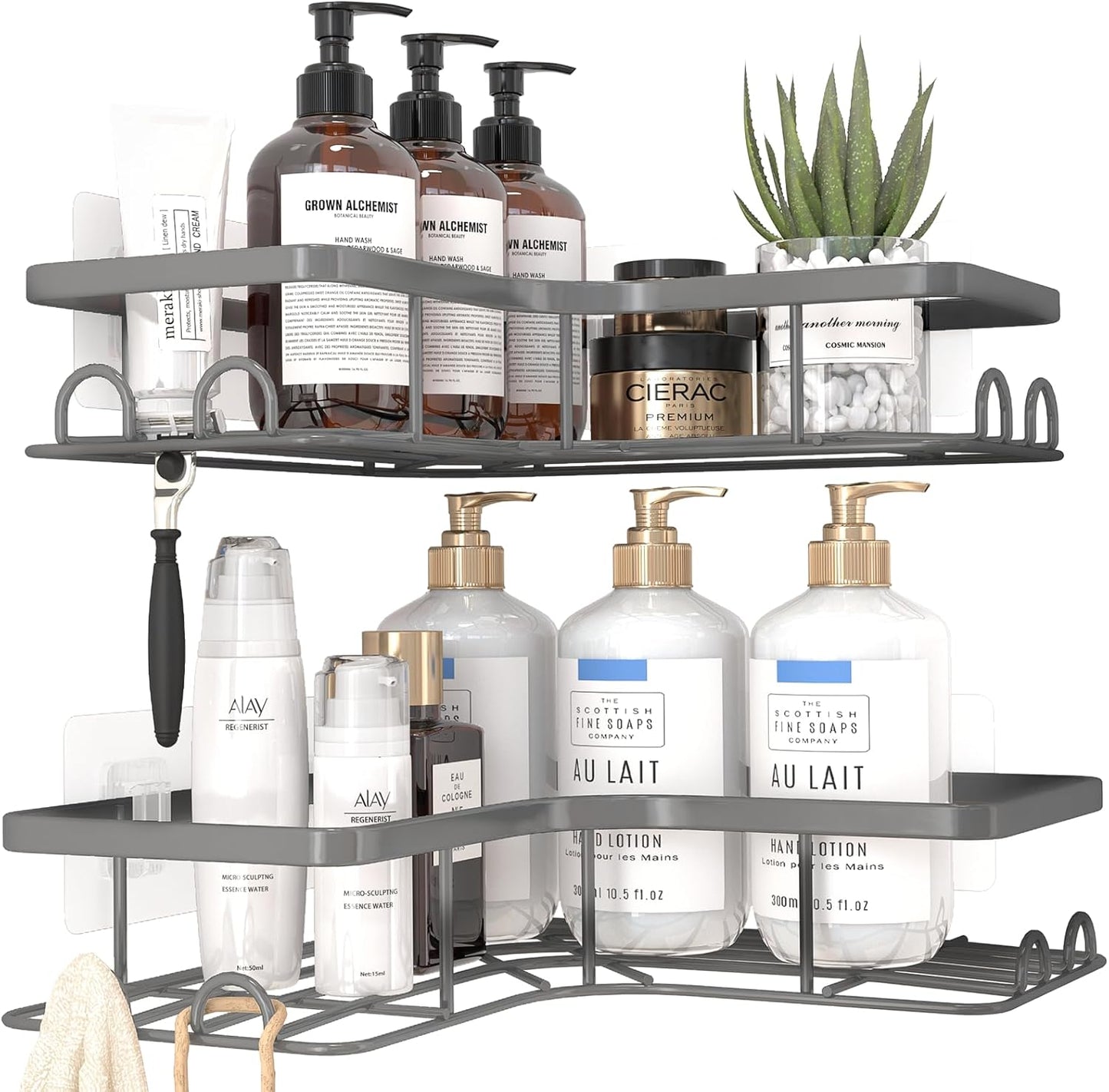 Sakugi Corner Shower Caddy - 2 Pack, Adhesive Shower Organizers, Rustproof Stainless Steel Shower Shelves with 8 Hooks, No Drilling Bathroom Organizers and Storage Racks, Space-Saving, Black, Medium