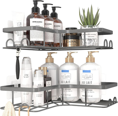 Sakugi Corner Shower Caddy - 2 Pack, Adhesive Shower Organizers, Rustproof Stainless Steel Shower Shelves with 8 Hooks, No Drilling Bathroom Organizers and Storage Racks, Space-Saving, Black, Medium
