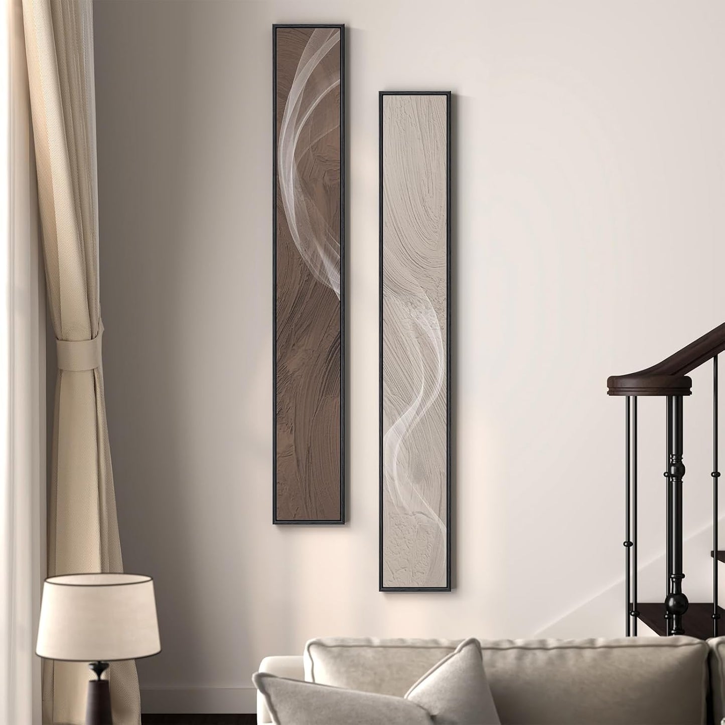 Long Narrow Framed Neutral Abstract Vertical Wall Art Set, 2 Piece Modern Canvas Prints Paintings Artwork for Walls, Beige and Brown Minimalist Pictures for Hallway Entryway Living Room Bedroom Decor