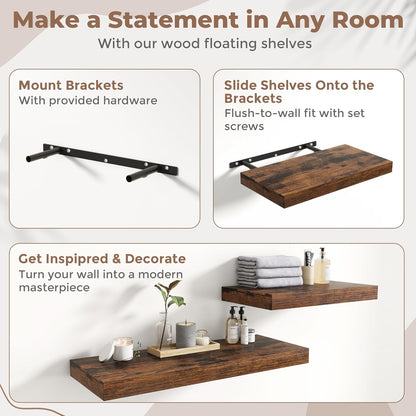 72 Inch Long Floating Shelves for Wall Set of 2, 12"D Wood Grain Bathroom Shelves with Invisible Brackets, Easy Install Engineered Wood Storage Shelves for Kitchen, Living Room, Bedroom, Black Finish
