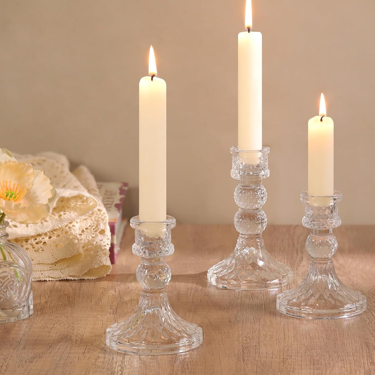 DARJEN 6Pcs Gold Candlestick Holders Set - 4" H & 5" H Striped Taper Candle Holders Bulk, Glass Candle Holders for Wedding, Festival, Party, Table Centerpiece, Gifts