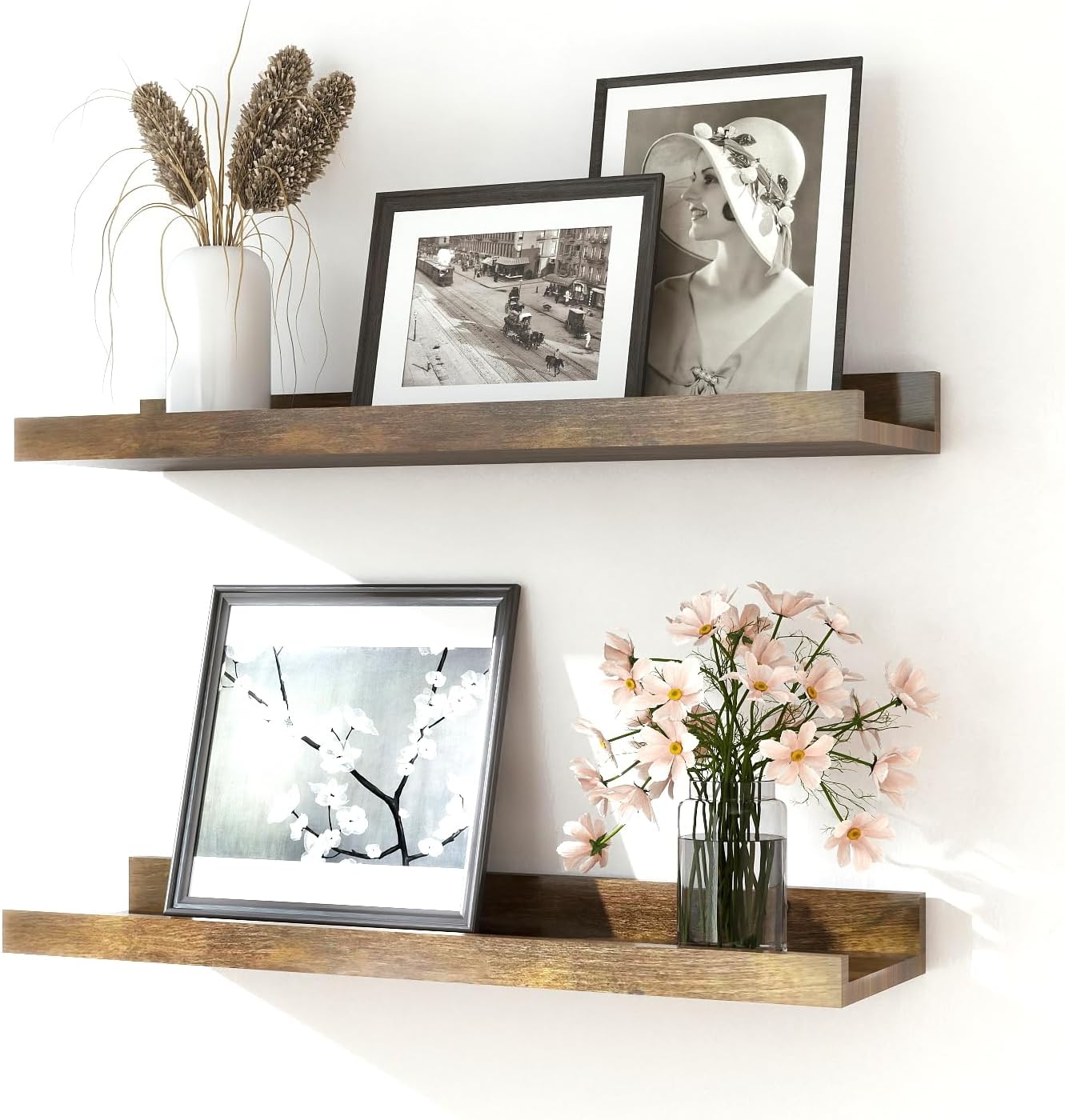 White Floating Shelves for Wall Decor, Wall Mounted Wood Storage Shelf for Bedroom, Living Room, Bathroom, Kitchen, Nursery, Display Picture Ledge Shelf with Lip Set of 2-14 Inches, White