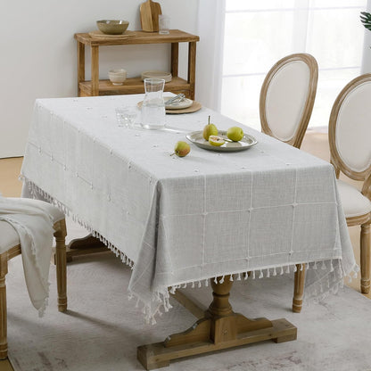 Softalker Outdoor Tablecloth Rectangle, Waterproof Linen Cotton Farmhouse Table Cloths with Tassel, Heavy Weight Wrinkle Free Boho Table Cover for Picnic Camping Dining - 55 x 70 Inch, Coffee Lines