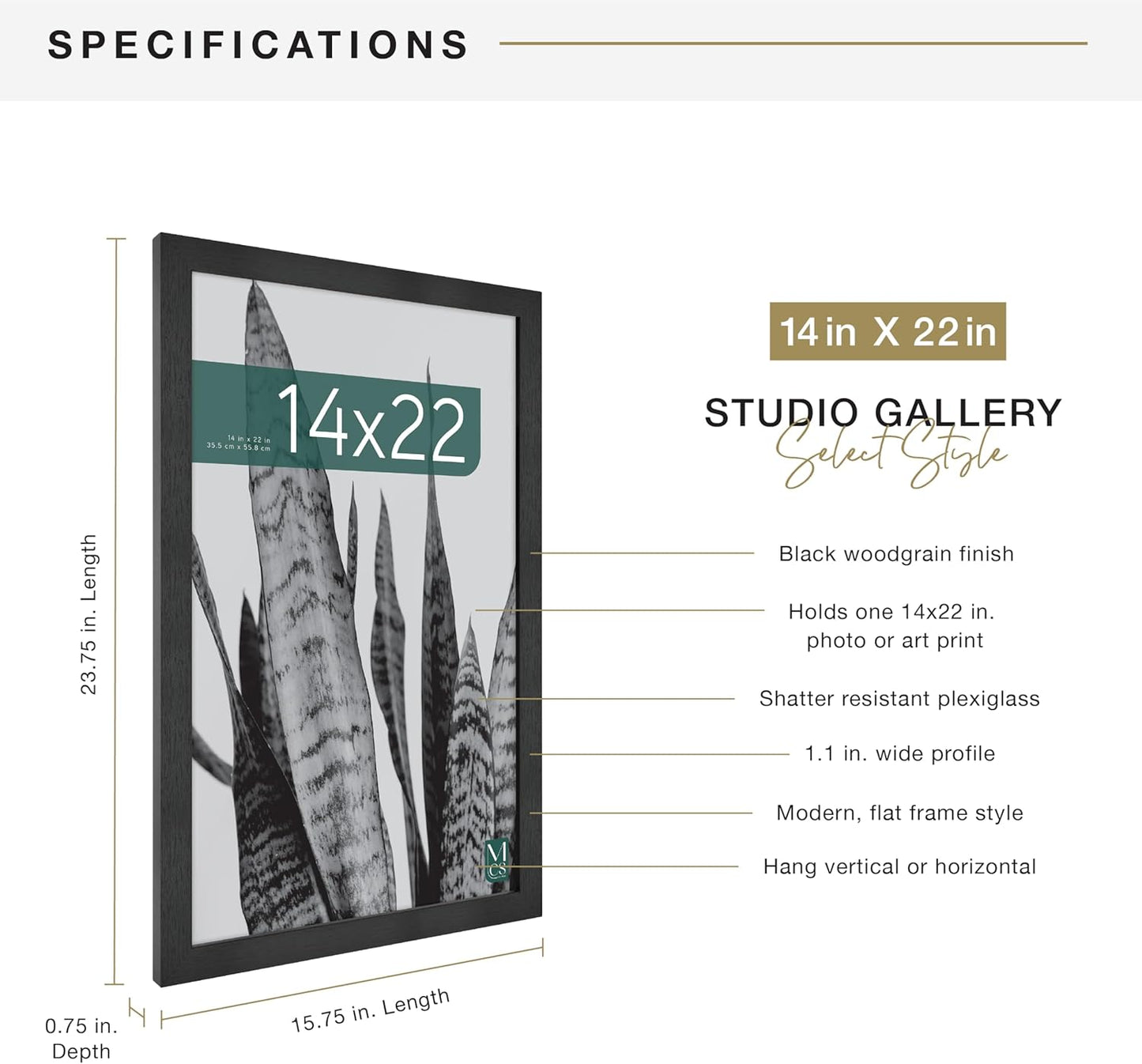MCS Studio Gallery 16x24 Poster Frame Black Woodgrain Engineered Wood, Vertical & Horizontal Wall Hanging Large Picture Frame for Photos, Posters & Art Prints (1-Pack)