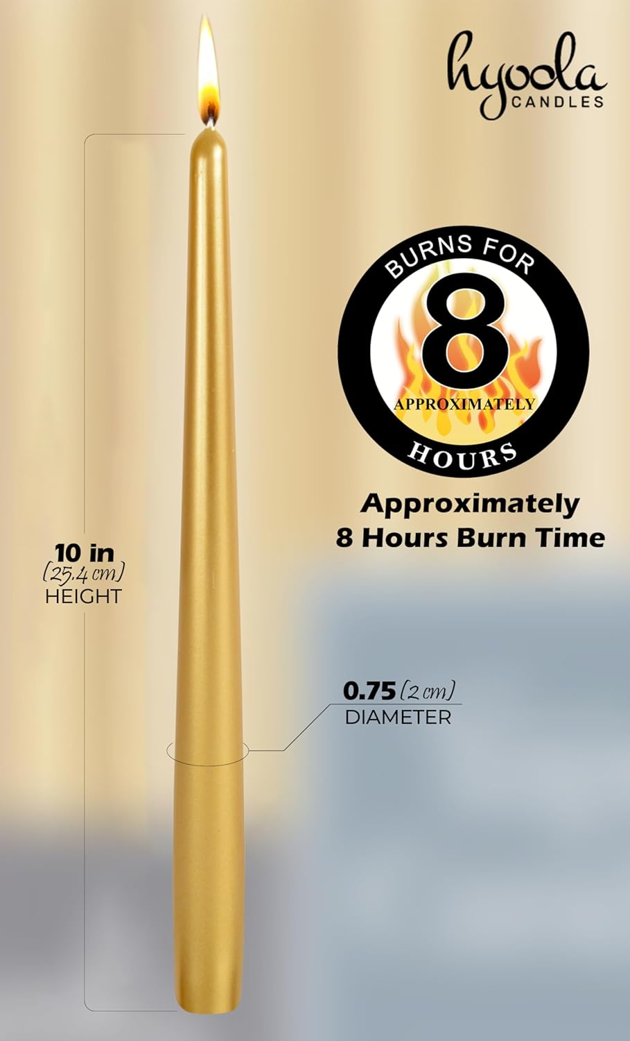 Hyoola Tall Taper Candles - 10 Inch Metallic Gold Unscented Dripless Taper Candles - 8 Hour Burn Time - 4 Pack