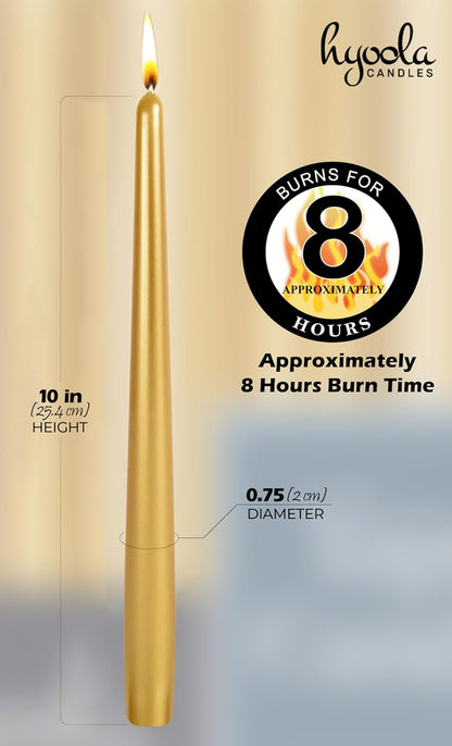 Hyoola Tall Taper Candles - 10 Inch Metallic Gold Unscented Dripless Taper Candles - 8 Hour Burn Time - 4 Pack