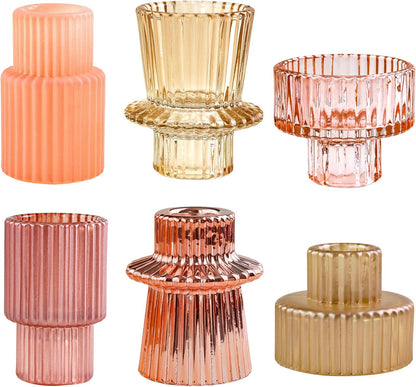 Brown Candlestick Holders 12PCS Ribbed Glass Taper Candle Holders Set for Tealight Candlestick Candles, Table Centerpieces for Thanksgiving Christmas Farmhouse Decor Indoor and Outdoor