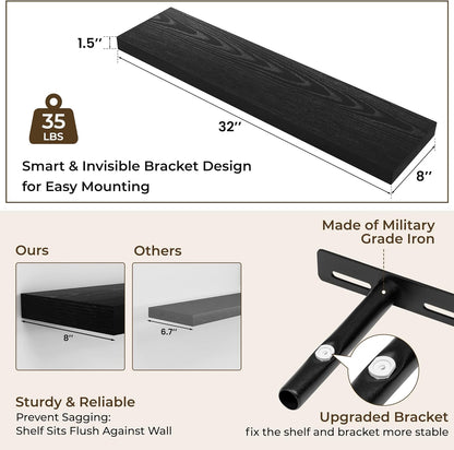 RICHFOCUS 72Inch Floating Shelves for Wall 2 Pack Shelves for Bedroom|Kitchen|Bathroom Wall Mounted Rustic Wood Floating Shelf with Invisible Brackets for Books|Storage|Decor, Rustic Brown