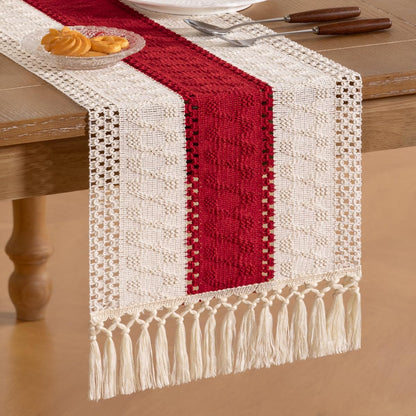 Socomi Boho Table Runner Summer Farmhouse Rustic Dining Kitchen Centerpiece Decor Small Macrame Woven Cotton Linen Coffee Table Runner for Dresser Scarf Home Decor 12x36 inch Beige