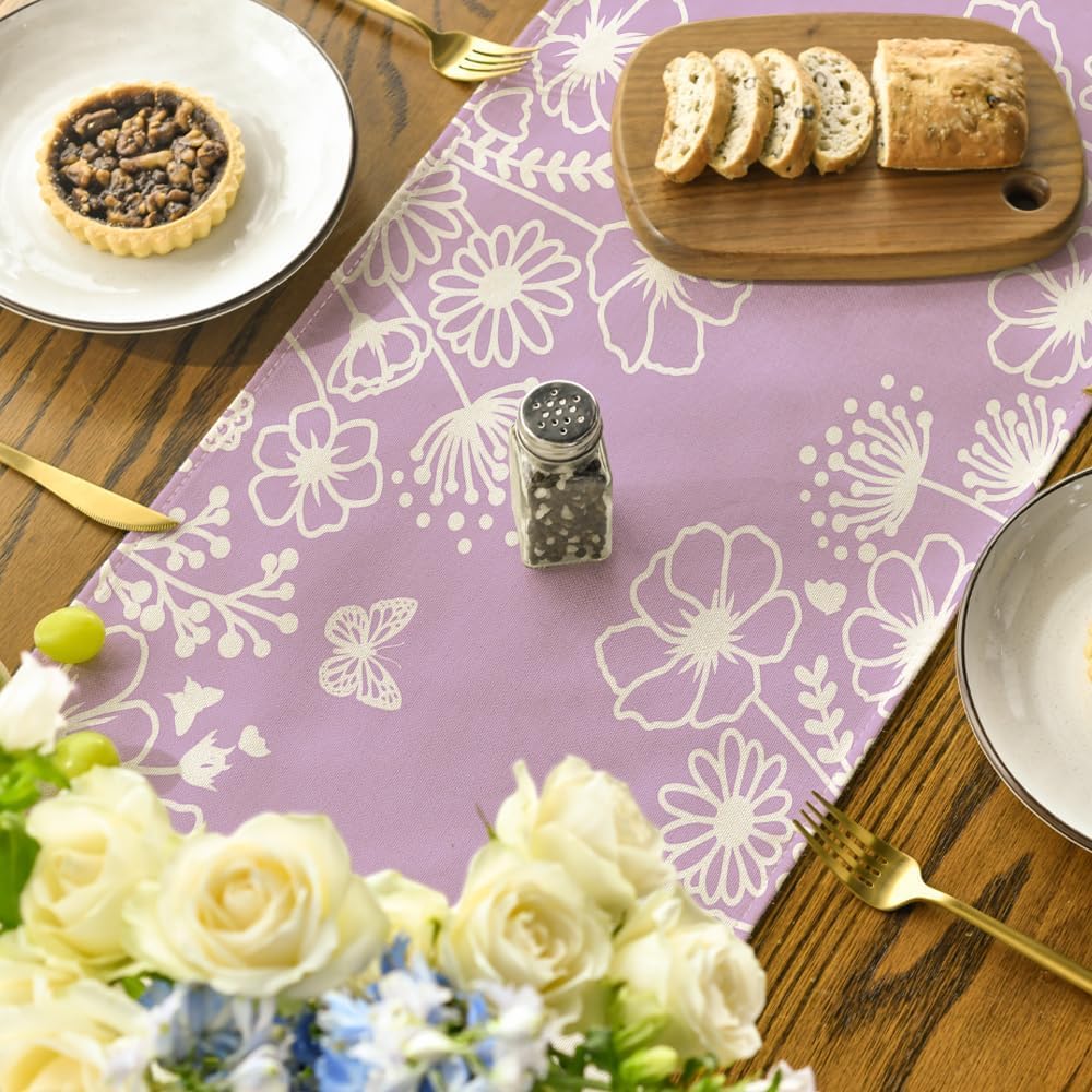 Artoid Mode Pink Bloom Flowers Butterfly Spring Table Runner, Seasonal Holiday Kitchen Dining Table Decoration for Home Party Indoor 13x72 Inch